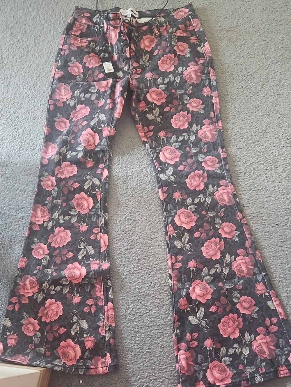 Fashion Nova Black Jeans with Pink Rose Lace-Up Front